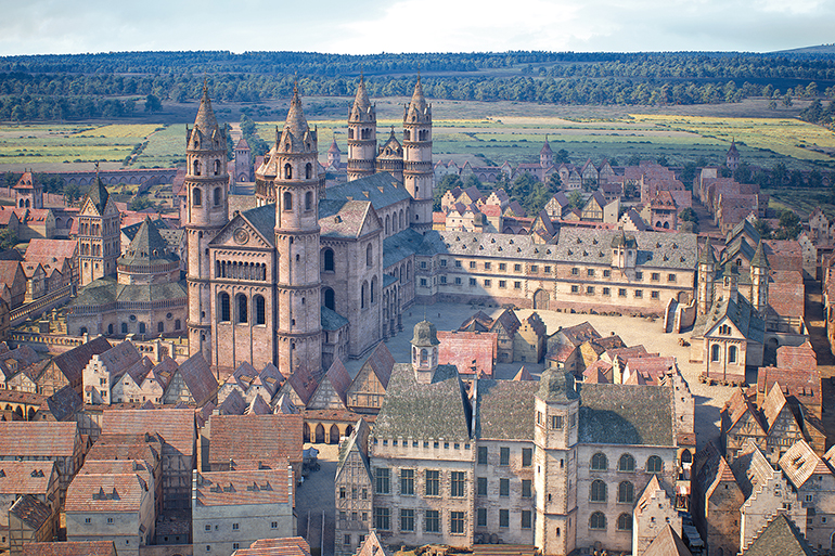 3D-Bild vom Wormser Dom und Bischofshof um 1521